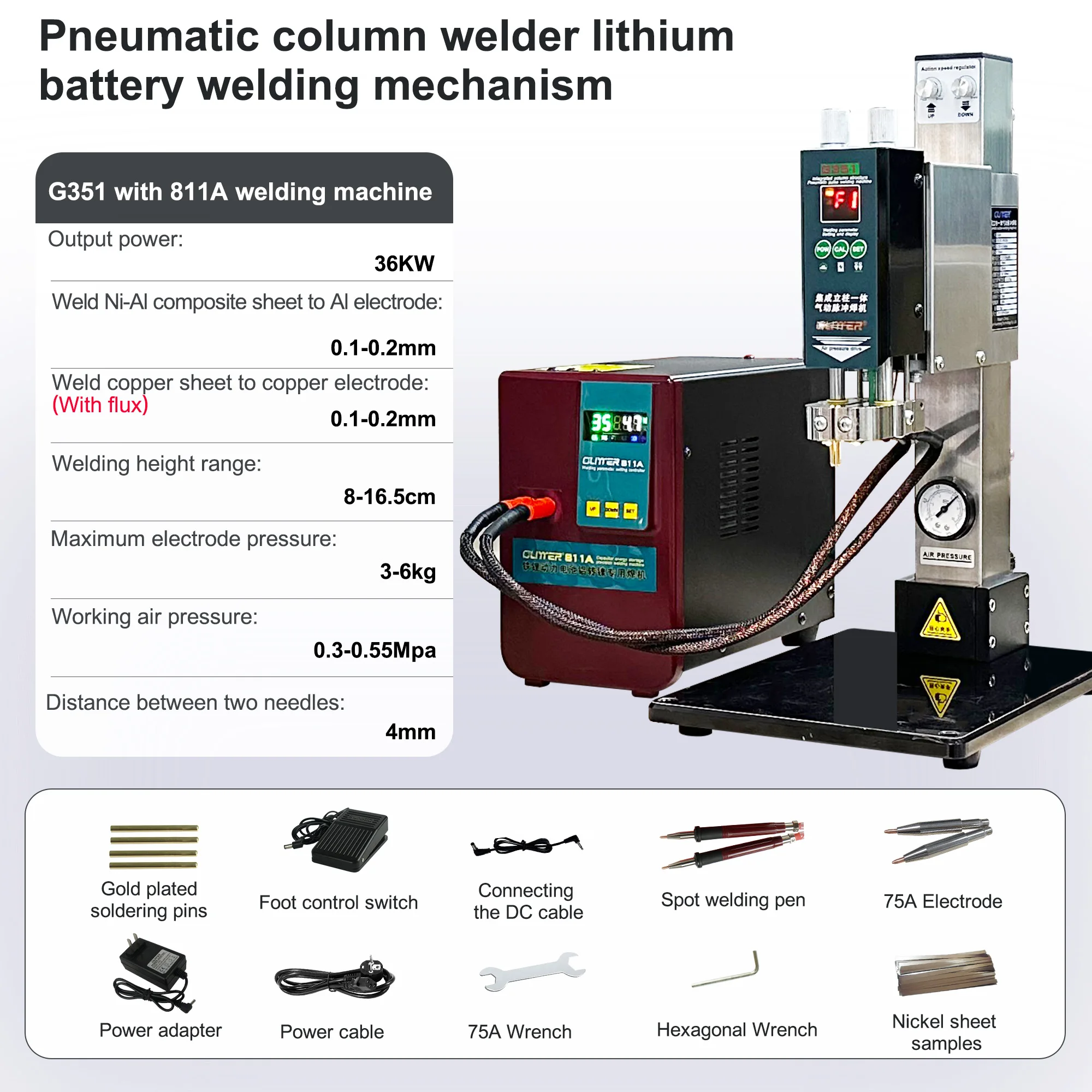 G351 Glitter Parallel Welding 36kw 811A/42kw 811H + AIR2550 Pneumatic Column Welder Lithium Battery Welding Machine Spot Welding
G351 Glitter Parallel Welding 36kw 811A/42kw 811H + AIR2550 Pneumatic Column Welder Lithium Battery Welding Machine Spot Welding