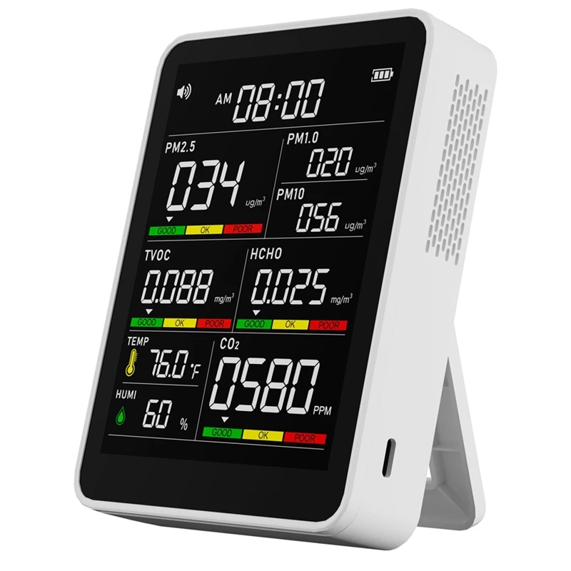 Многофункциональный тестер качества воздуха для PM2.5/PM10/CO2, формальдегида с влажностью, TVOC и отображением времени
Многофункциональный тестер качества воздуха для PM2.5/PM10/CO2, формальдегида с влажностью, TVOC и отображением времени