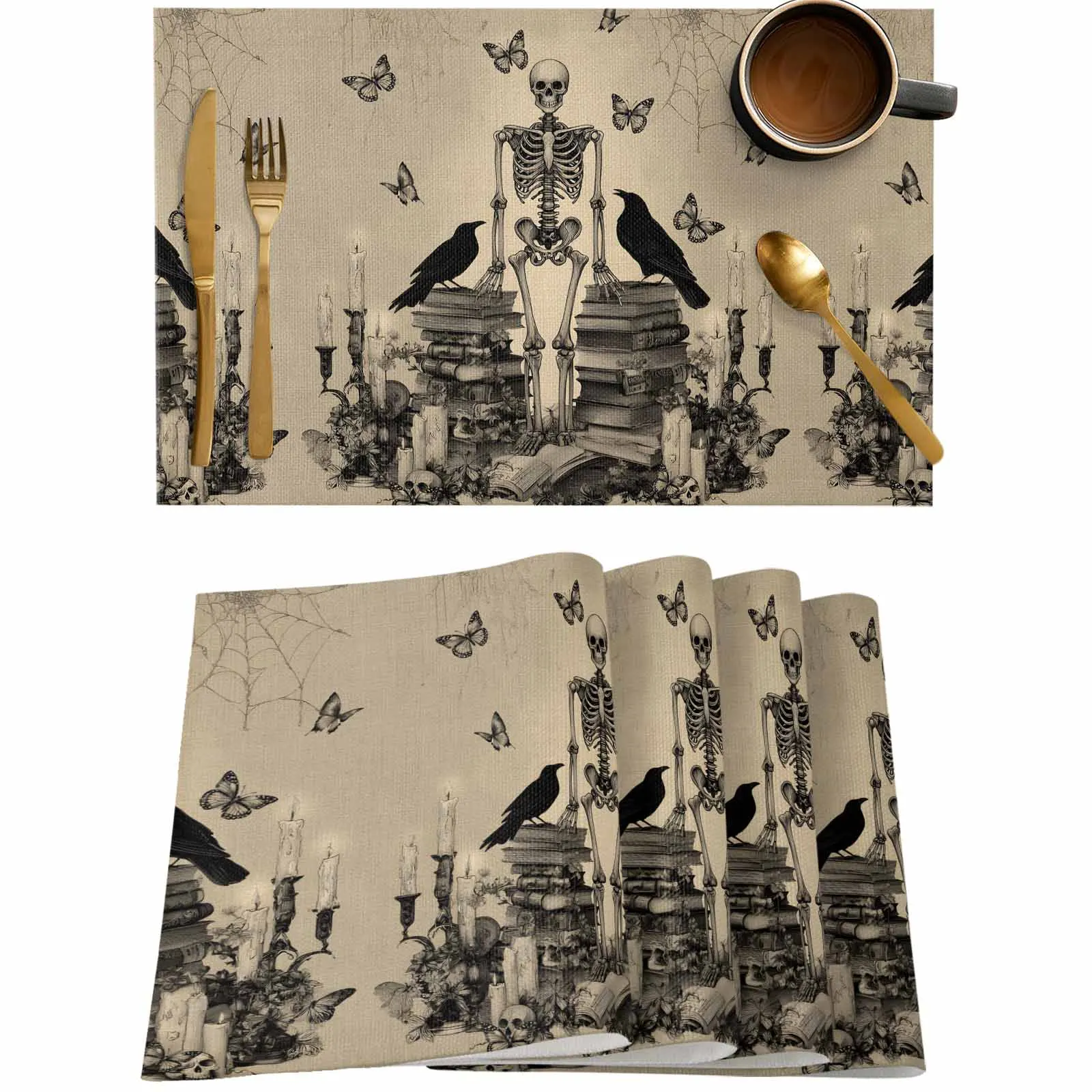 4/6 Pcs Retro Skull Crow Book Candle Placemat Wedding Party Dining Decor Linen Table Mat Kitchen Accessories
4/6 Pcs Retro Skull Crow Book Candle Placemat Wedding Party Dining Decor Linen Table Mat Kitchen Accessories