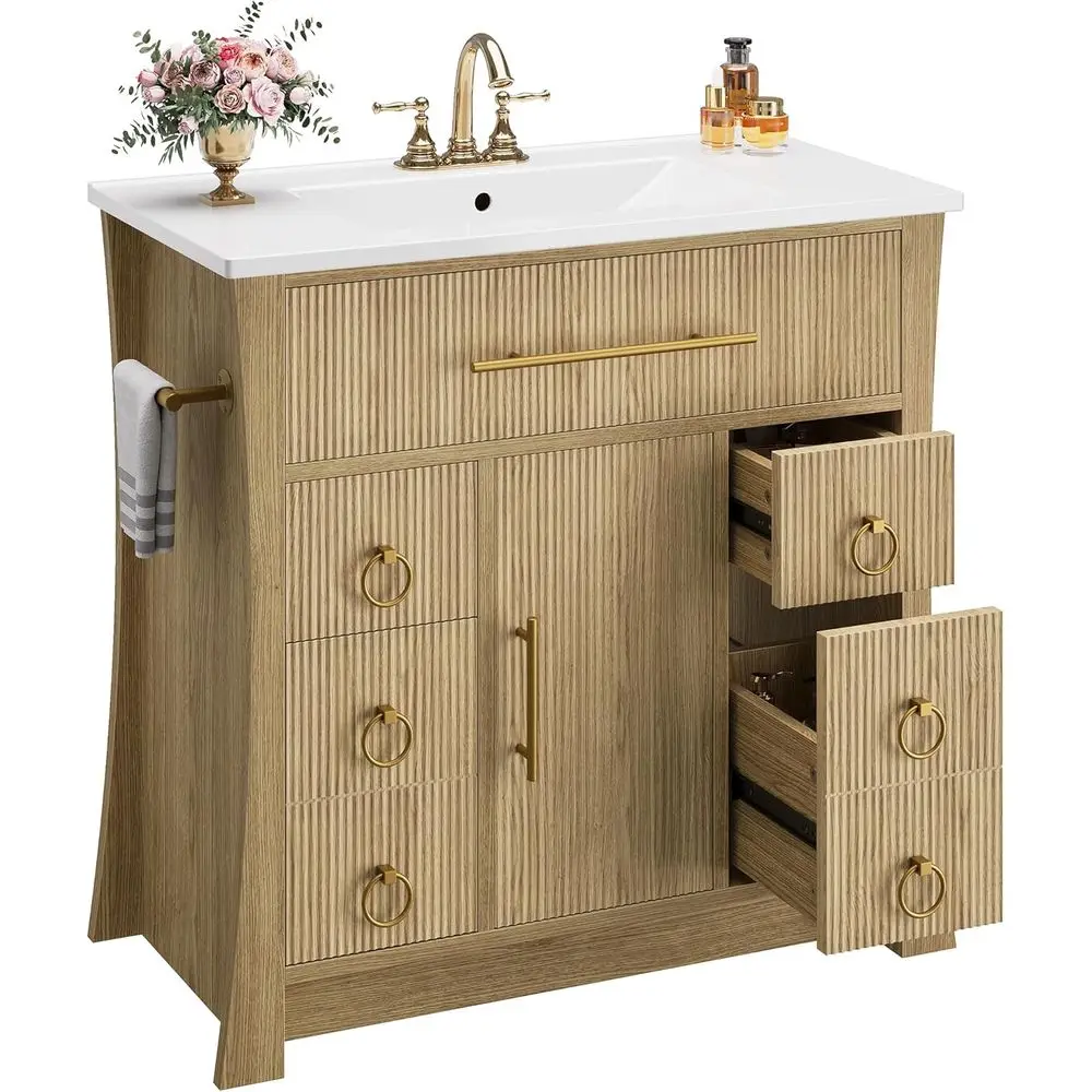 Bathroom Vanity with Sink, Freestanding Sink Cabinet, 4 Drawers & 1 Flip-Down Drawer, Wood Grain Texture, Metal Handle, Farmhous
Bathroom Vanity with Sink, Freestanding Sink Cabinet, 4 Drawers & 1 Flip-Down Drawer, Wood Grain Texture, Metal Handle, Farmhous