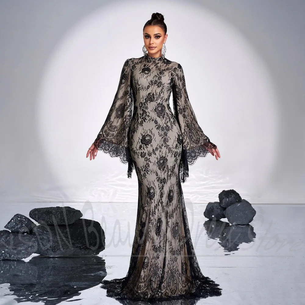 Lace Women Dresses Fashion Half High Collar Mermaid Floral Party Gowns Elegant Appliques Floor Length Slim Evening Dresses
Lace Women Dresses Fashion Half High Collar Mermaid Floral Party Gowns Elegant Appliques Floor Length Slim Evening Dresses