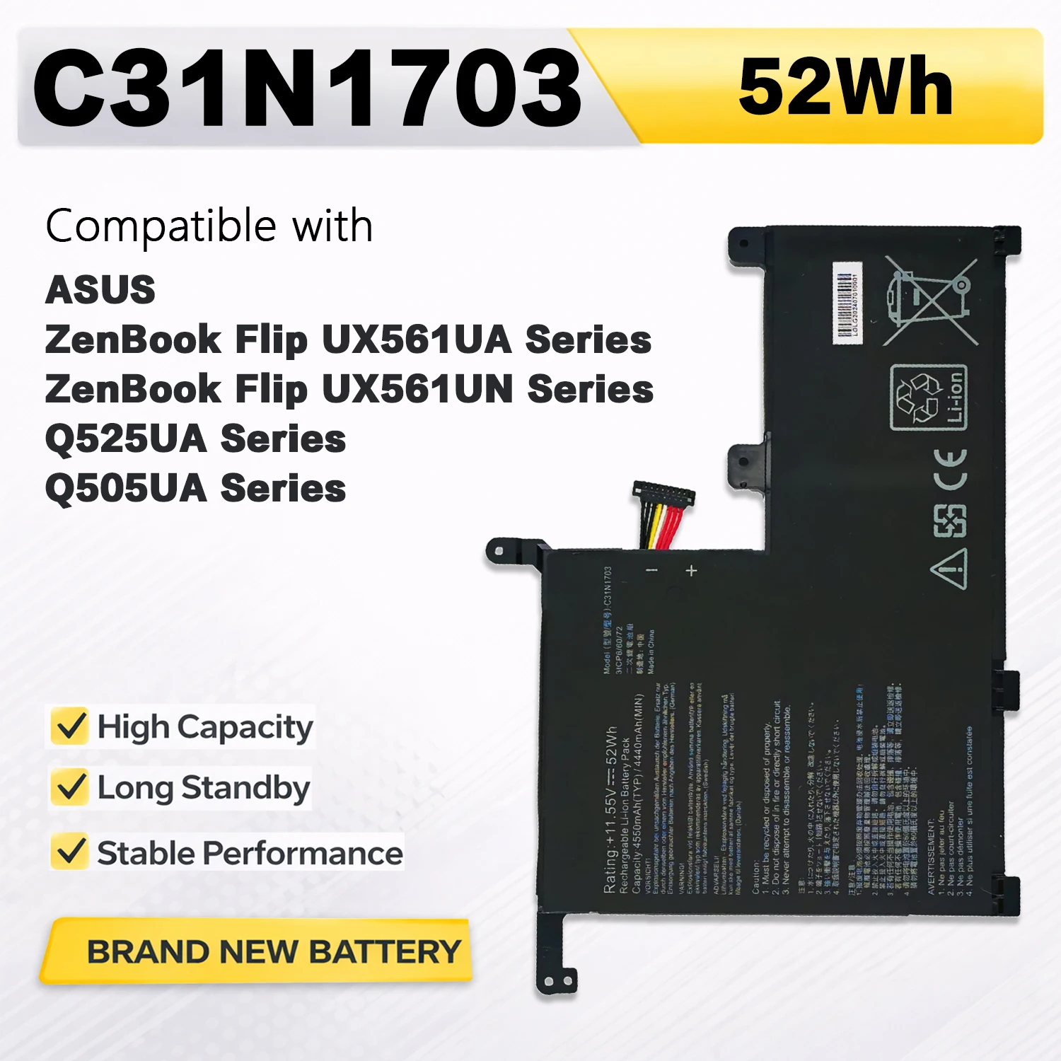PowerHub C31N1703 11.55V 52Wh Laptop Battery For ASUS ZenBook Flip UX561U UX561UA UX561UN Q525UA Q505UA
PowerHub C31N1703 11.55V 52Wh Laptop Battery For ASUS ZenBook Flip UX561U UX561UA UX561UN Q525UA Q505UA