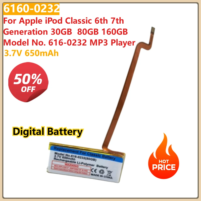 For Apple iPod Classic 6th 7th Generation 30GB 80GB 160GB Model No. 616-0232 MP3 Player Laptop Battery 616-0232 616-0229 650mAh
For Apple iPod Classic 6th 7th Generation 30GB 80GB 160GB Model No. 616-0232 MP3 Player Laptop Battery 616-0232 616-0229 650mAh