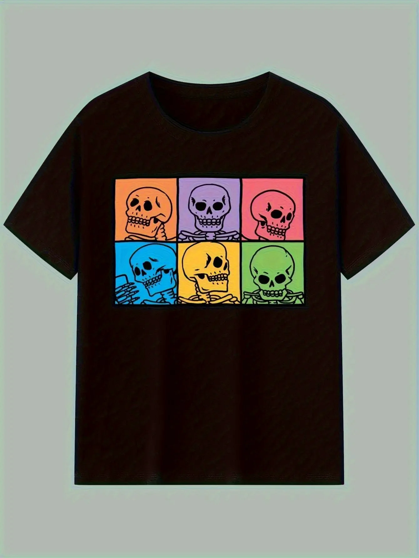 2026 Black Casual T-Shirt with 4-Color Multicolor Cartoon Skull Print - Short Sleeve Round Neck Tee, Pink/Yellow/Blue/Green/Purp
2026 Black Casual T-Shirt with 4-Color Multicolor Cartoon Skull Print - Short Sleeve Round Neck Tee, Pink/Yellow/Blue/Green/Purp