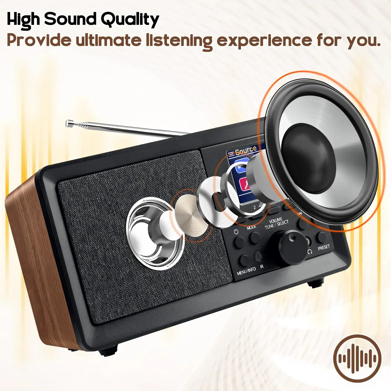 DAB/DAB+/FM Radios LED Screen Display Multi-function Wireless SoundBoxs Retro with Alarm Clocks Wooden Bluetooth Speakers