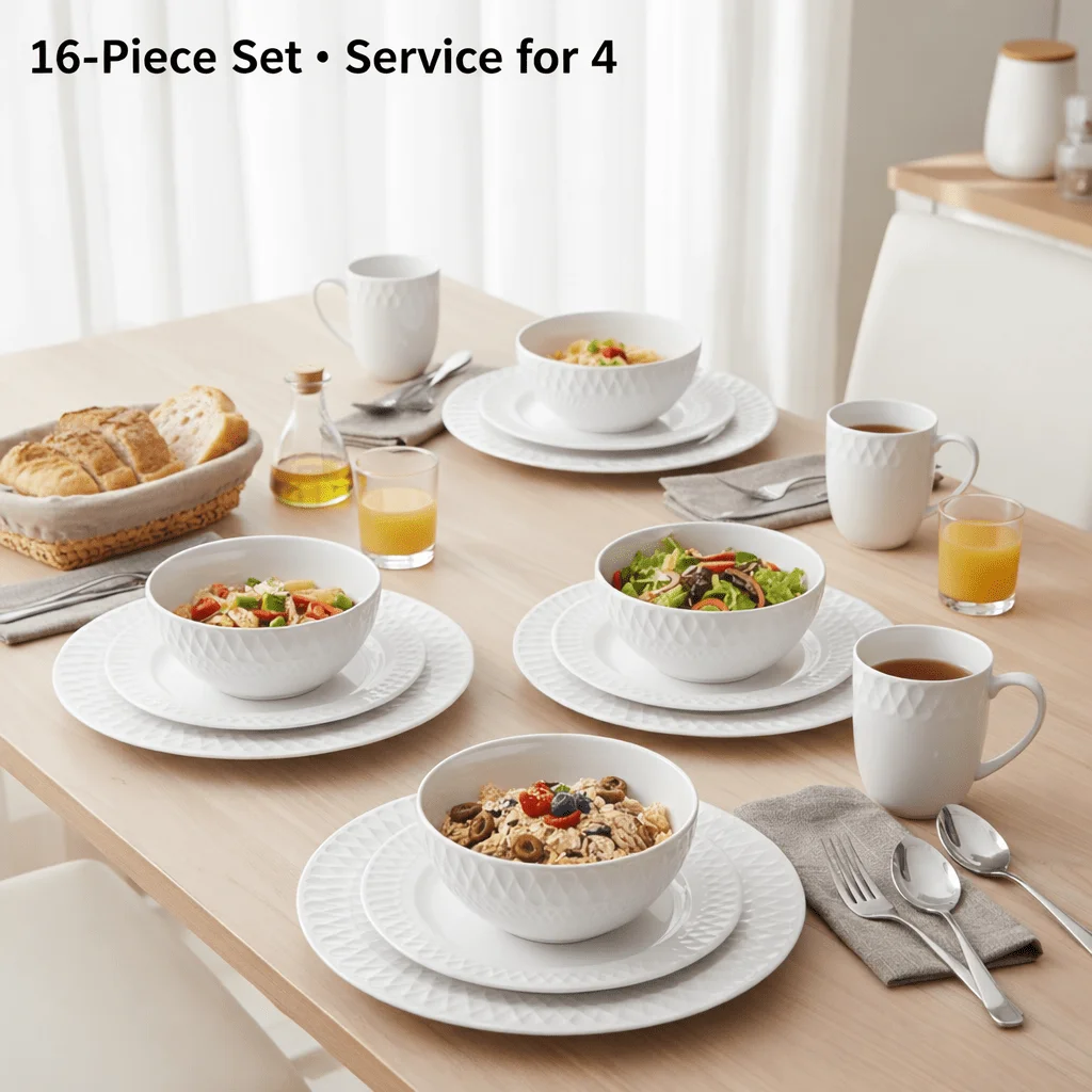 16-Piece Bone China Dinnerware Set | White Embossed Plates Bowls & Mugs | Service for 4 | Dishwasher & Microwave Safe
16-Piece Bone China Dinnerware Set | White Embossed Plates Bowls & Mugs | Service for 4 | Dishwasher & Microwave Safe