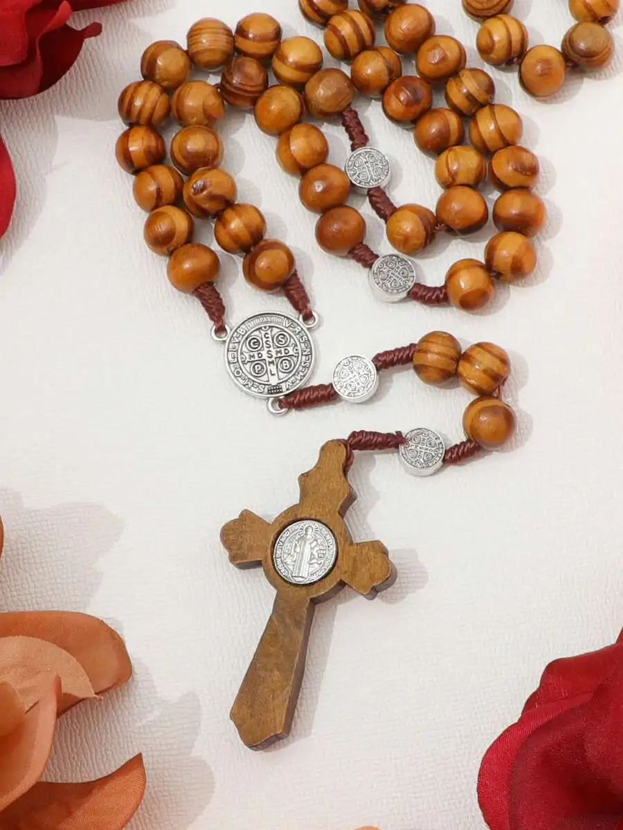 Handmade Wooden Beads Rosary Necklace With Saint Benedict Medal Cross Pendant For Adults
Handmade Wooden Beads Rosary Necklace With Saint Benedict Medal Cross Pendant For Adults