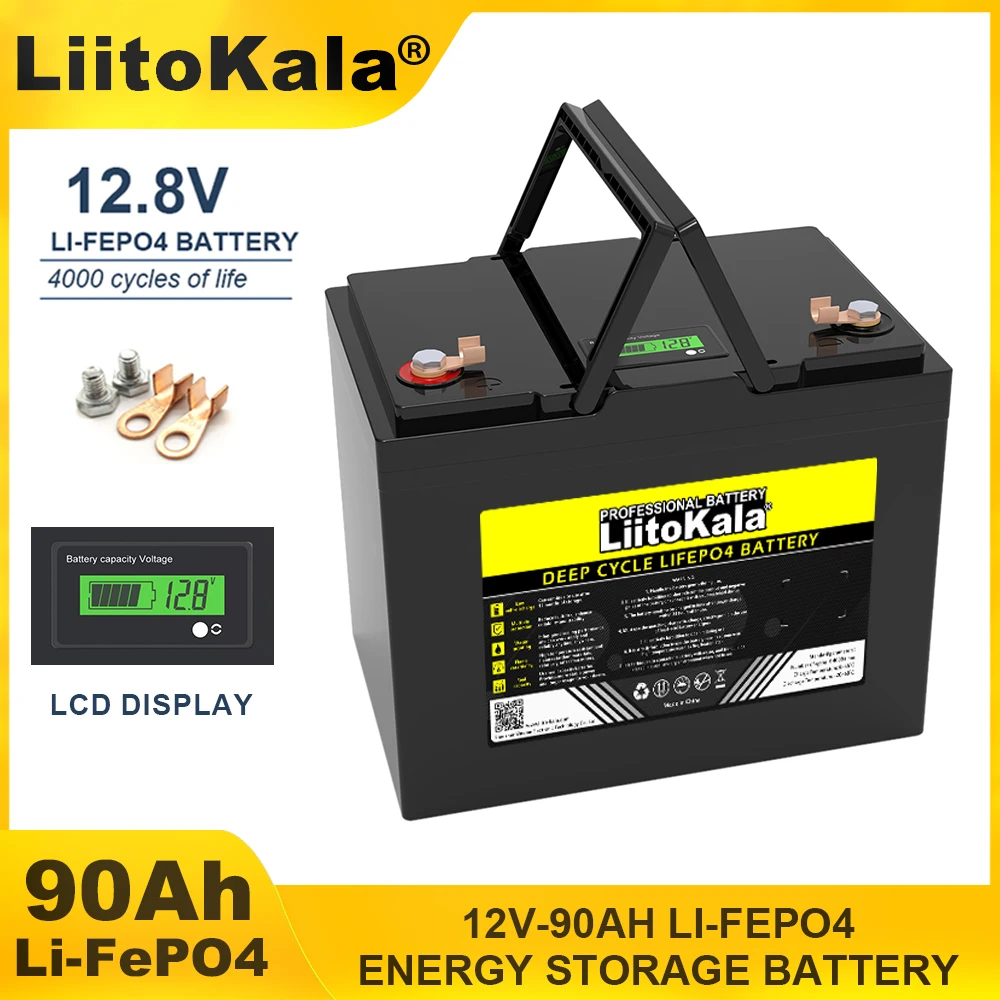 LiitoKala 12.8V 90AH LiFePO4 Battery 12v Lithium Iron Phosphate Batteries for Golf cart Car lighter Solar +14.6V 10A Charger
LiitoKala 12.8V 90AH LiFePO4 Battery 12v Lithium Iron Phosphate Batteries for Golf cart Car lighter Solar +14.6V 10A Charger