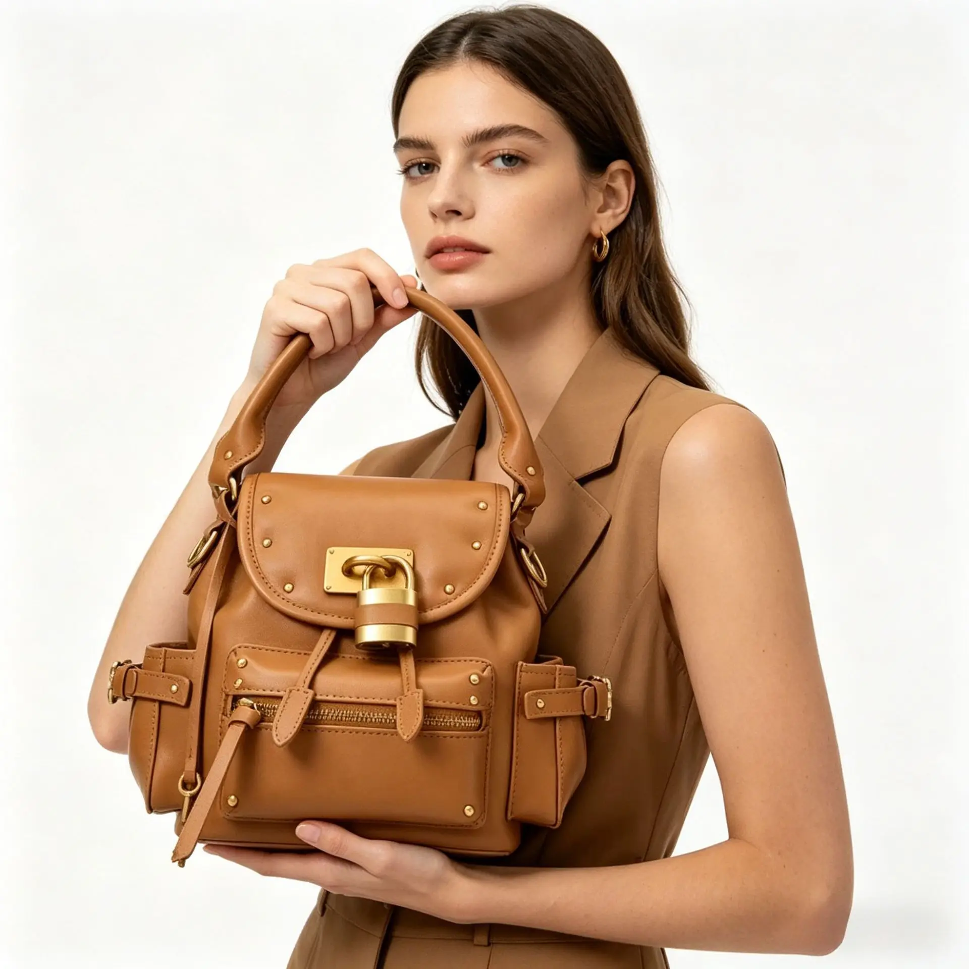 Retro lock design handbag with multiple pockets Y2K spicy girl backpack, retro street style personalized backpack
Retro lock design handbag with multiple pockets Y2K spicy girl backpack, retro street style personalized backpack
