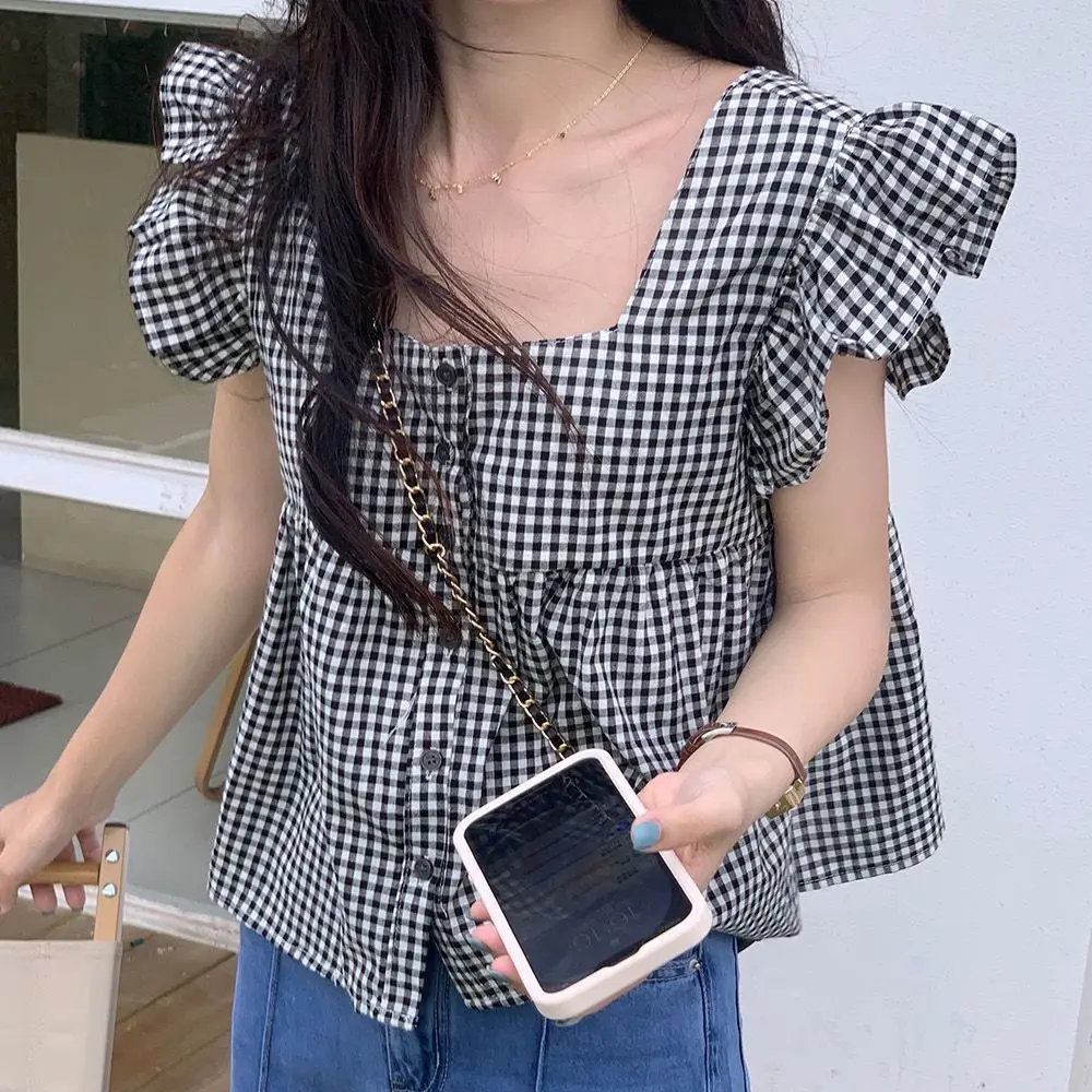 Summer Blouse Women's Clothing Flying Sleeve Square Collar Loose Shirts Camisas De Mujer Fashion Sweet Summer Plaid Blouses Tops
Summer Blouse Women's Clothing Flying Sleeve Square Collar Loose Shirts Camisas De Mujer Fashion Sweet Summer Plaid Blouses Tops