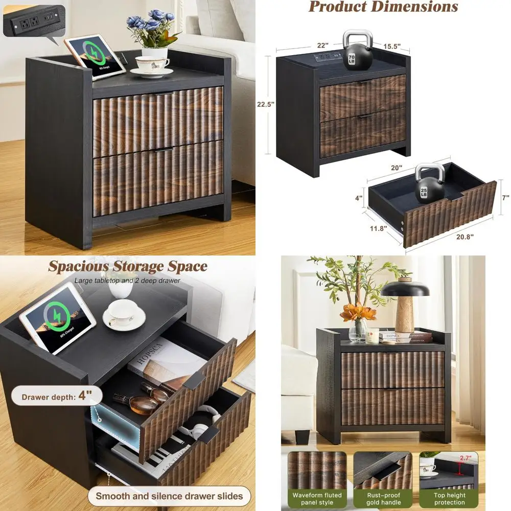 contemporary 24" wide fluted nightstand with dual drawers, charging station, and storage
contemporary 24" wide fluted nightstand with dual drawers, charging station, and storage