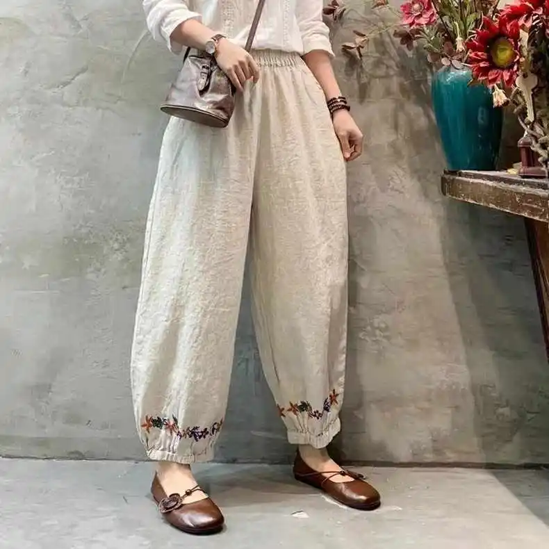 Summer Female Casual Cotton Linen Pants Women Retro Embroidery Loose Harem Pants Woman Solid Elastic Waist Trousers A356
Summer Female Casual Cotton Linen Pants Women Retro Embroidery Loose Harem Pants Woman Solid Elastic Waist Trousers A356
