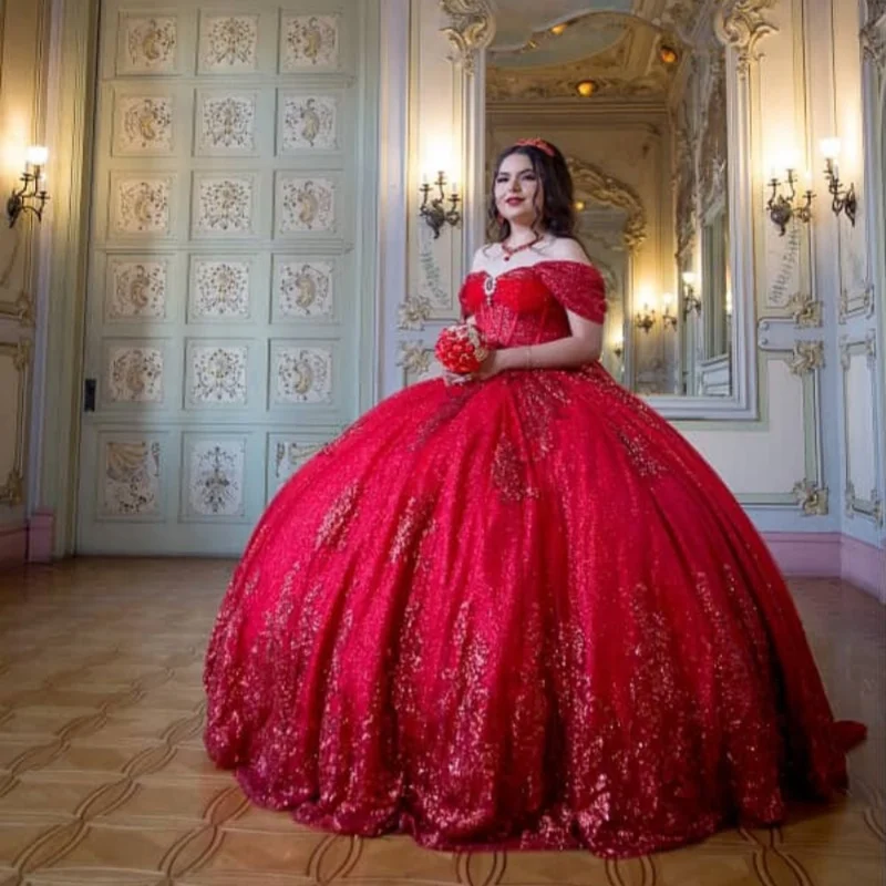 Customized Shiny Red Quinceanera Dresses Off the Shoulder Tull sequin applique beads Big Bow Vestido De 15 Quinceanera
Customized Shiny Red Quinceanera Dresses Off the Shoulder Tull sequin applique beads Big Bow Vestido De 15 Quinceanera