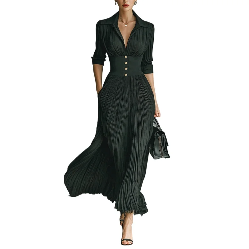Elegant Turn-down Collar Pleated Waist Buttons Long Dress With Long Sleeves
Elegant Turn-down Collar Pleated Waist Buttons Long Dress With Long Sleeves