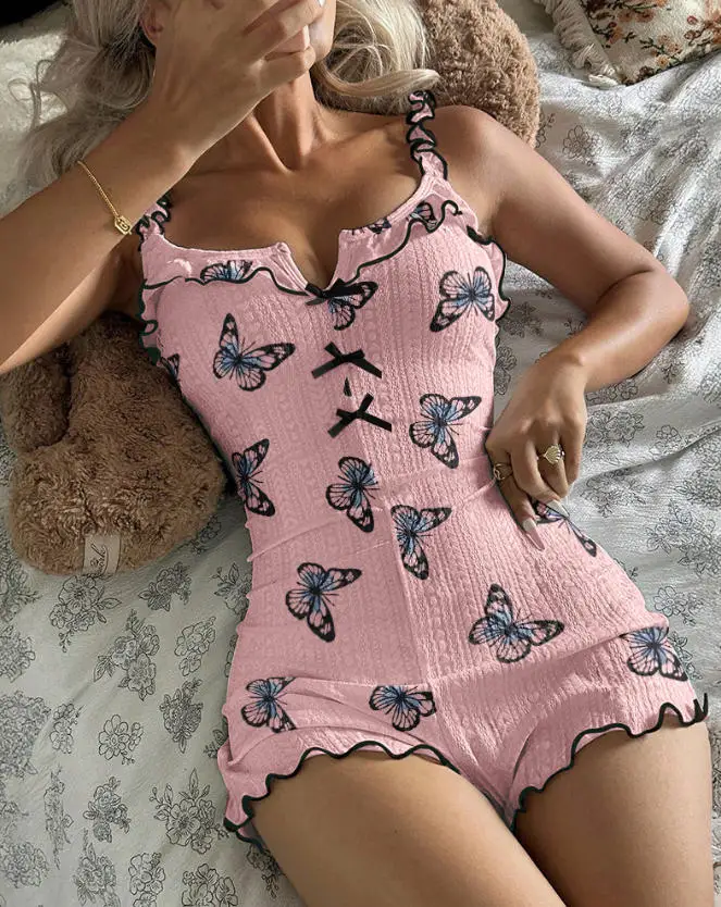 Jumpsuit Women New Butterfly Print Notch Neck Slim Fit Bowknot Decor Ruffles Spliced Backless Jacquard Textured Pajama Romper
Jumpsuit Women New Butterfly Print Notch Neck Slim Fit Bowknot Decor Ruffles Spliced Backless Jacquard Textured Pajama Romper