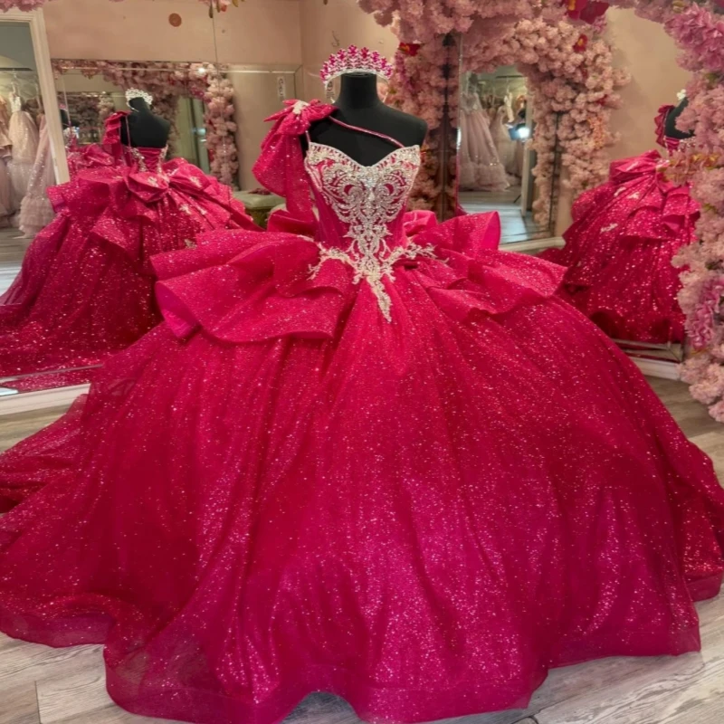 Rose Red Shiny Ball Gown Quinceanera Dresses Applique Lace Beading Crystal Bow Tull Corset Off Shoulder Sweet 16 Dress vestidos
Rose Red Shiny Ball Gown Quinceanera Dresses Applique Lace Beading Crystal Bow Tull Corset Off Shoulder Sweet 16 Dress vestidos