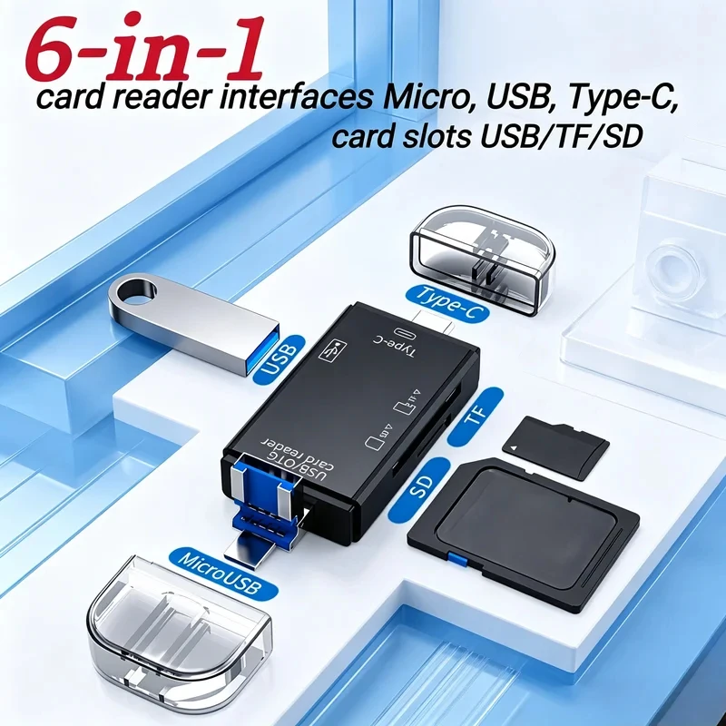6-in-1 Type-C USB, TF, SD card reader, flip-top Micro adapter, suitable for smartphones, computers, and
6-in-1 Type-C USB, TF, SD card reader, flip-top Micro adapter, suitable for smartphones, computers, and