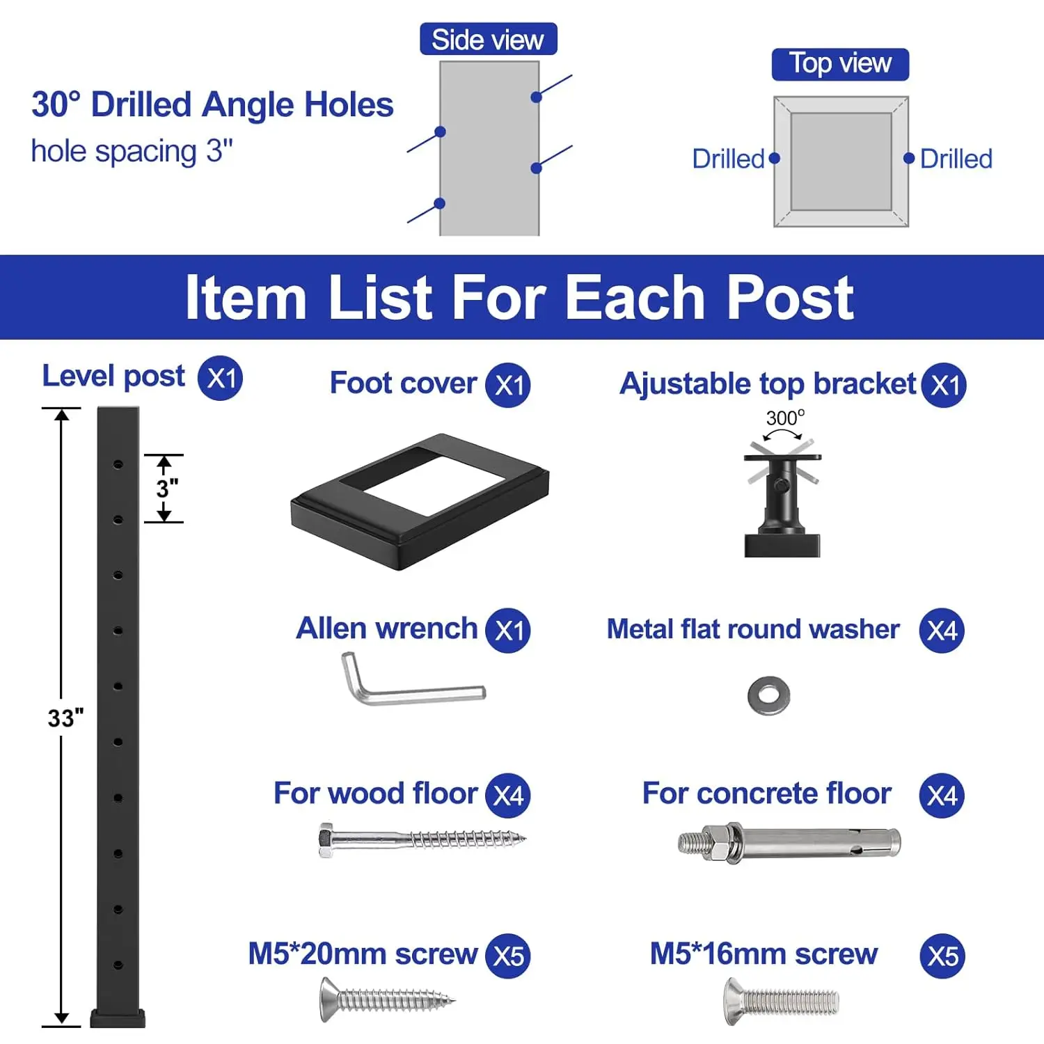 Stair Railing Post, 36"x2"x2", Angle Line for Cable Railing Kit, Fits 25-35 Degrees Stairway, Adjustable Top, Matte Black
Stair Railing Post, 36"x2"x2", Angle Line for Cable Railing Kit, Fits 25-35 Degrees Stairway, Adjustable Top, Matte Black