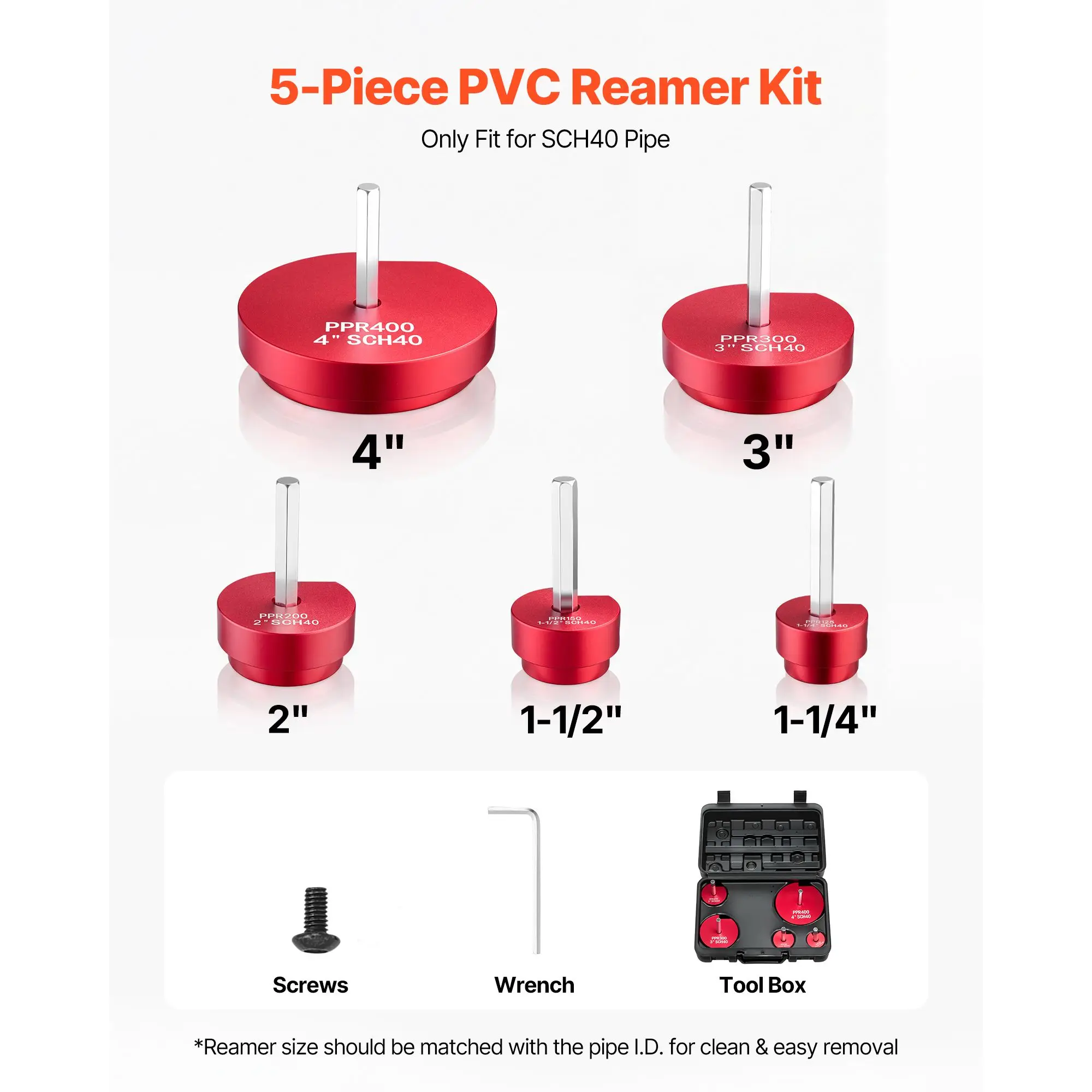 PVC Pipe Reamer Kit, 5-Piece, PVC Fitting Socket Saver, Includes 1-1/4", 1-1/2", 2", 3", 4", Compatible with Standard 1/2" Drills, Plumbing Tool Kit for SCH40 ABS CPVC Vent Drain Water Pipes
PVC Pipe Reamer Kit, 5-Piece, PVC Fitting Socket Saver, Includes 1-1/4", 1-1/2", 2", 3", 4", Compatible with Standard 1/2" Drills, Plumbing Tool Kit for SCH40 ABS CPVC Vent Drain Water Pipes