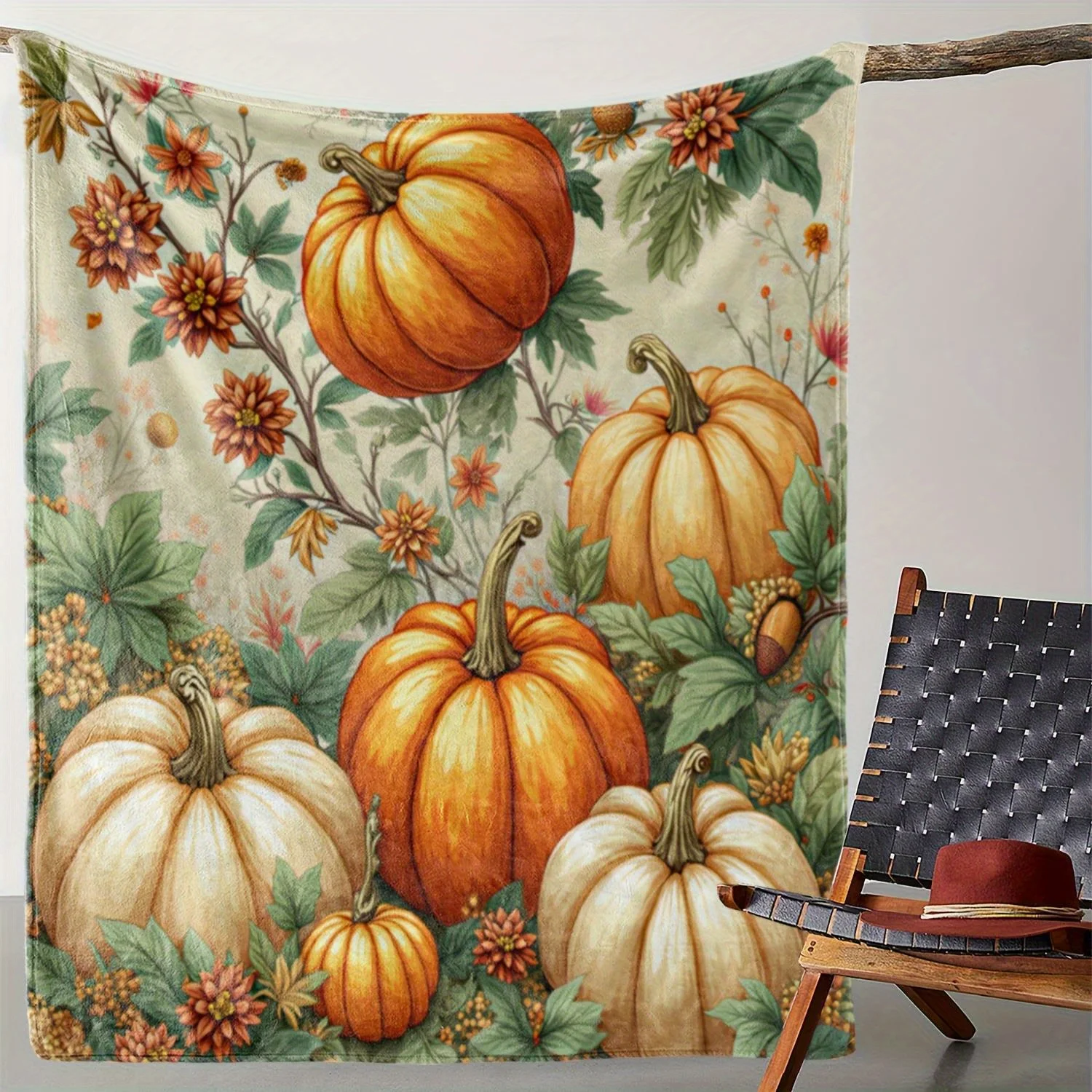 Flannel Blanket Soft Plush Throw with Vintage Pumpkin Patch & Floral Accents in Orange, Beige, Green, Brown 
Flannel Blanket Soft Plush Throw with Vintage Pumpkin Patch & Floral Accents in Orange, Beige, Green, Brown