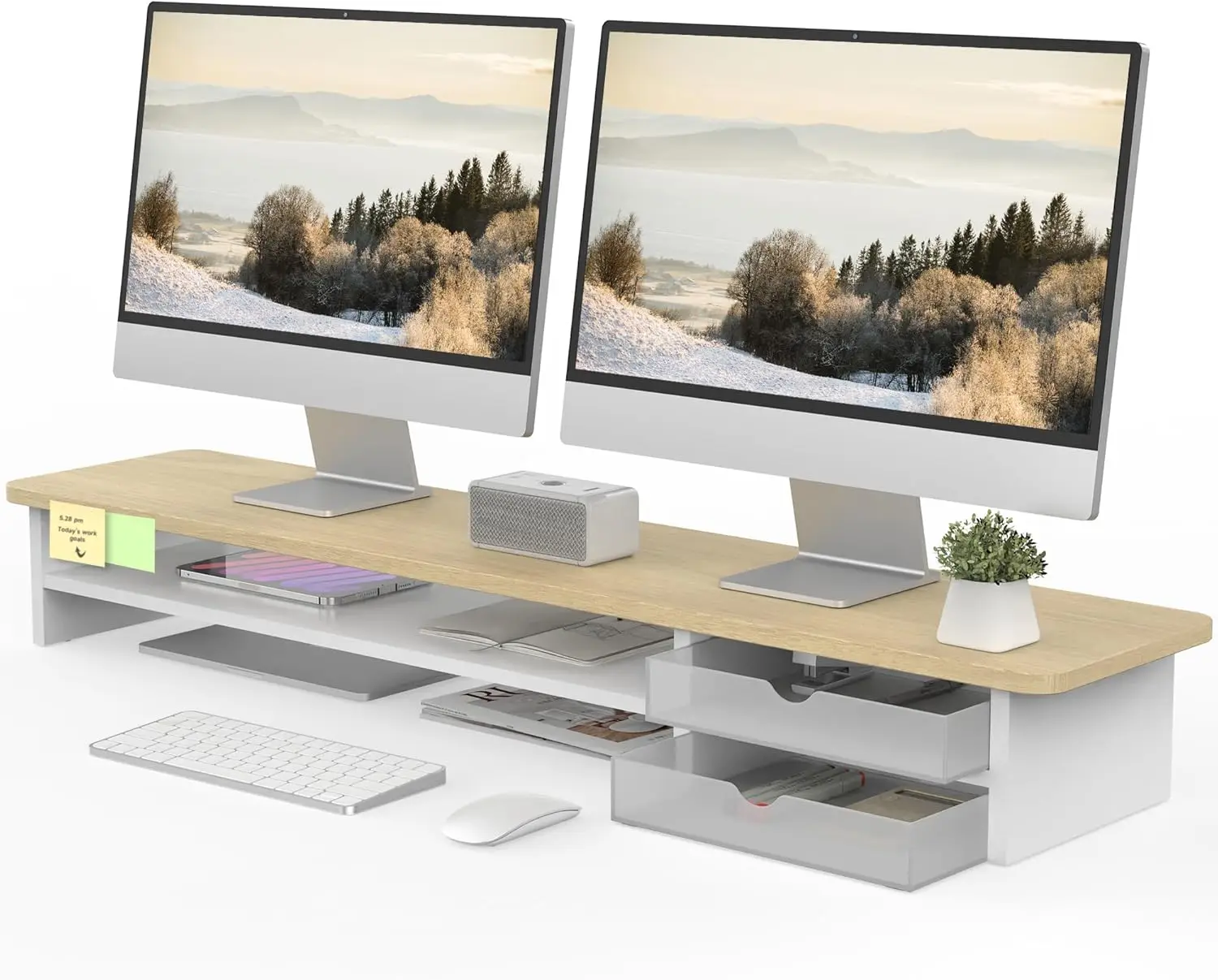 Подставка для двух мониторов 42,5 дюйма с выдвижным ящиком, настольный органайзер из дерева и акрила для компьютера и ноутбука
Подставка для двух мониторов 42,5 дюйма с выдвижным ящиком, настольный органайзер из дерева и акрила для компьютера и ноутбука