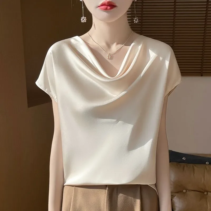 Women's Beige Cowl Neck Satin Blouse Elegant Short Sleeve Loose Silky Top
Women's Beige Cowl Neck Satin Blouse Elegant Short Sleeve Loose Silky Top