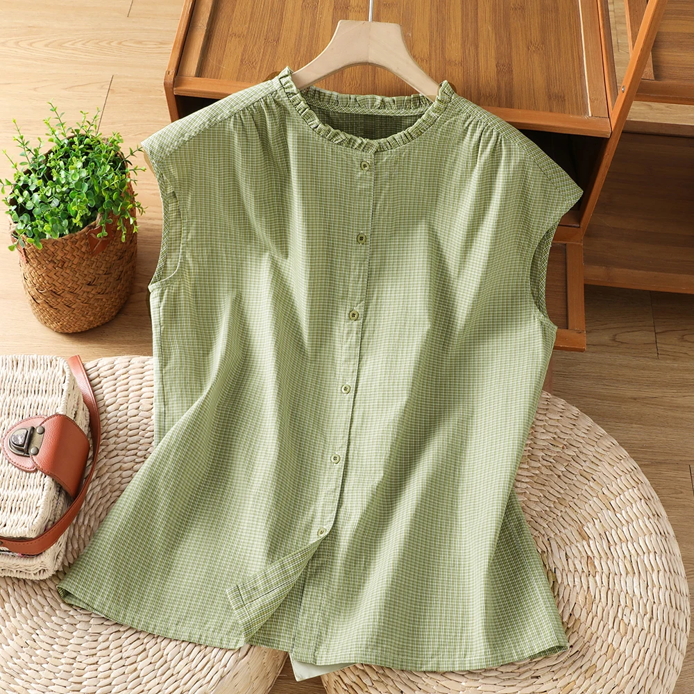 Women's 100% Cotton Green Checkered Sleeveless Shirt - New Summer Style, Korean-Style, Loose-Fit, Plus Size, Simple and Elegant
Women's 100% Cotton Green Checkered Sleeveless Shirt - New Summer Style, Korean-Style, Loose-Fit, Plus Size, Simple and Elegant
