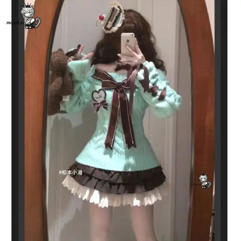 2Pcs Sweet Lolita Set Mint Green Off Shoulder Sweater Brown Ruffle Skirt Bow Kawaii Japanese Harajuku Y2K Aesthetic Outfit Women
2Pcs Sweet Lolita Set Mint Green Off Shoulder Sweater Brown Ruffle Skirt Bow Kawaii Japanese Harajuku Y2K Aesthetic Outfit Women