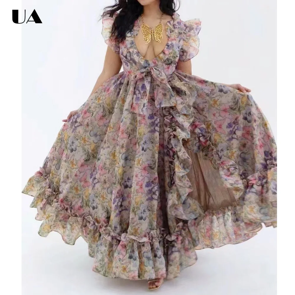 Summer New Printed Flying Sleeve Dresses for Women, Vacation Style V-neck Bow Long Dress, Fashionable V-neck Ruffled Party Dress
Summer New Printed Flying Sleeve Dresses for Women, Vacation Style V-neck Bow Long Dress, Fashionable V-neck Ruffled Party Dress