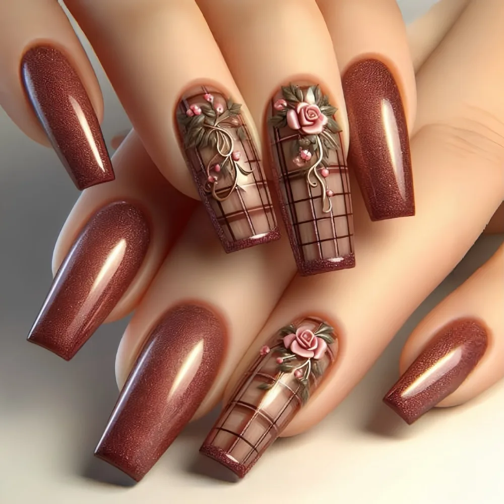 Brown Press On Nails 3D Rose Plaid Design Long Coffin False Nails Glitter Full Cover Fake Nails For Women
Brown Press On Nails 3D Rose Plaid Design Long Coffin False Nails Glitter Full Cover Fake Nails For Women