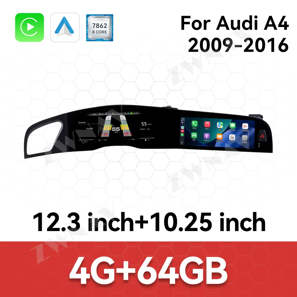 Двухэкранный мультимедийный комплекс 12.3+10.25 с Android 14 и GPS для Audi A4 2009-2016: цифровая приборная панель, LCD-спидометр, CarPlay
Двухэкранный мультимедийный комплекс 12.3+10.25 с Android 14 и GPS для Audi A4 2009-2016: цифровая приборная панель, LCD-спидометр, CarPlay