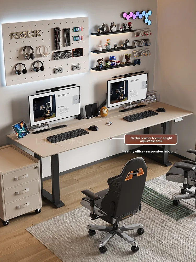 double computer desk, electric lifting table in e-sports room, custom desk with long strip table in the living room
double computer desk, electric lifting table in e-sports room, custom desk with long strip table in the living room