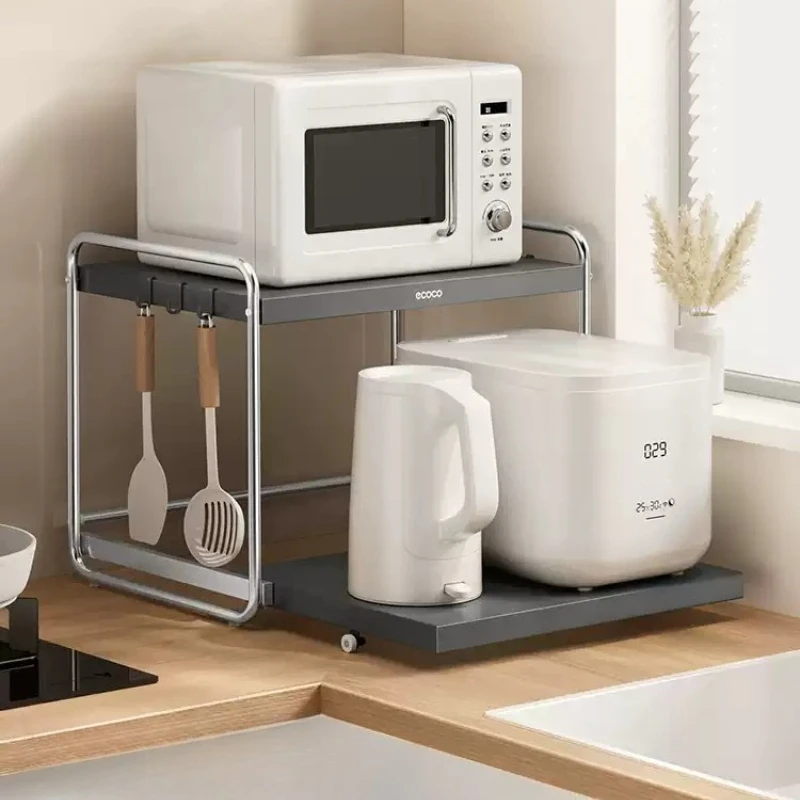 Heavy-Duty Adjustable Height Microwave Shelf Pull-Out Rack for Rice Cooker & Oven Countertop Organizer with Non-Slip Mat