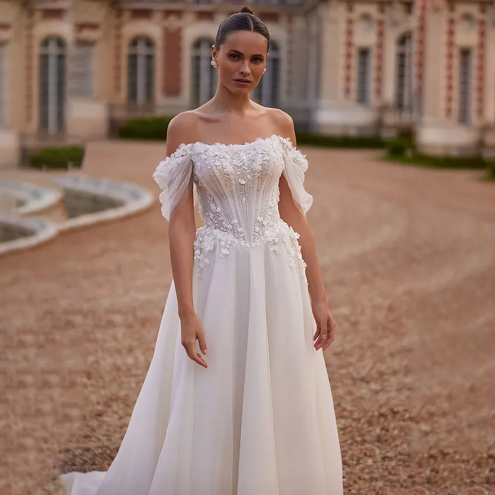 Flavinke Customized Off-Shoulder Sleeve Floral Wedding dresses Appliques Tulle A-Line Bridal Dresses Simple Sweep Train Wedding
Flavinke Customized Off-Shoulder Sleeve Floral Wedding dresses Appliques Tulle A-Line Bridal Dresses Simple Sweep Train Wedding