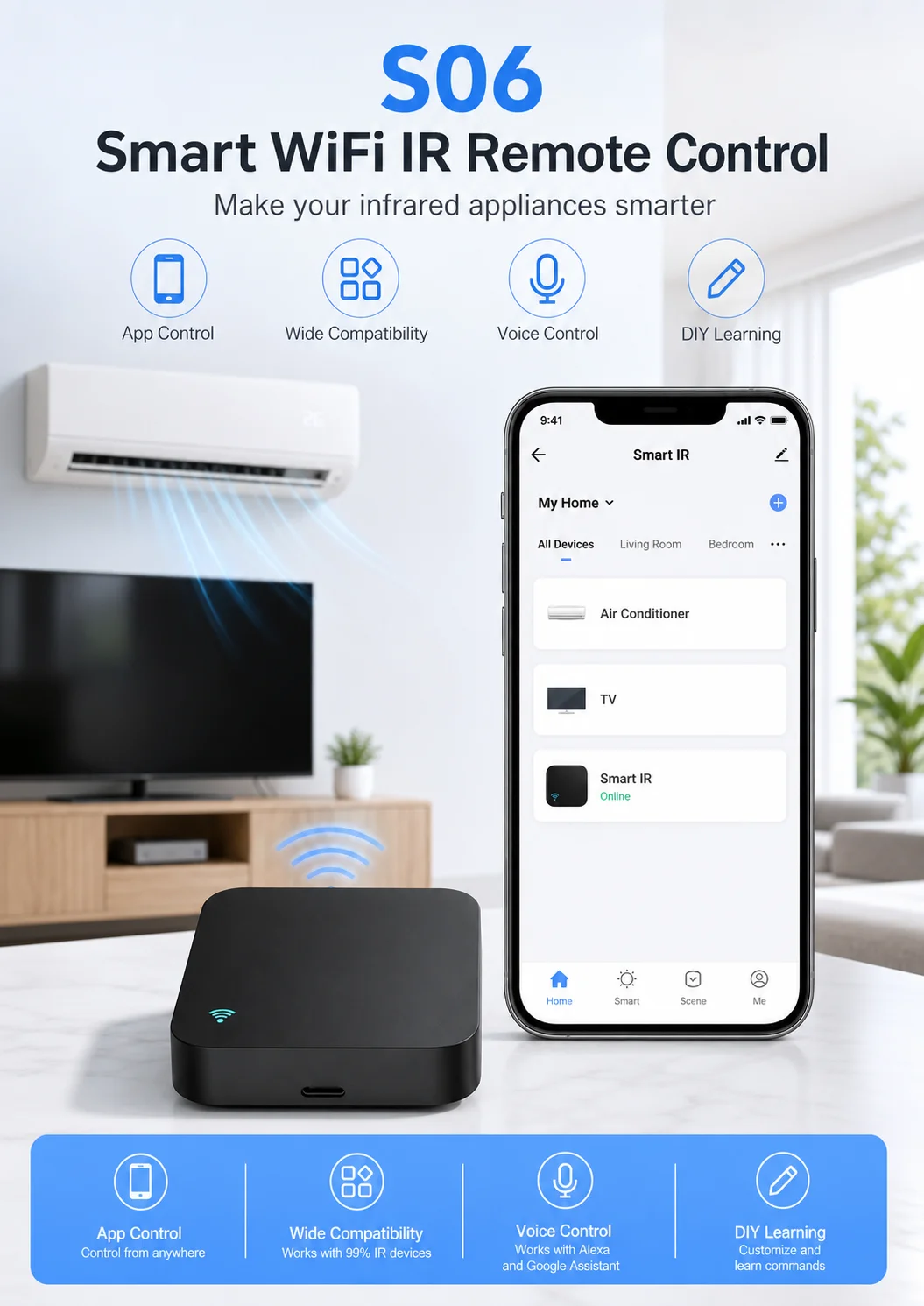 S06 WiFi IR Remote Control Universal Infrared Remote Controller for TV AC Fan Smart Life Tuya App Alexa Google Home
S06 WiFi IR Remote Control Universal Infrared Remote Controller for TV AC Fan Smart Life Tuya App Alexa Google Home