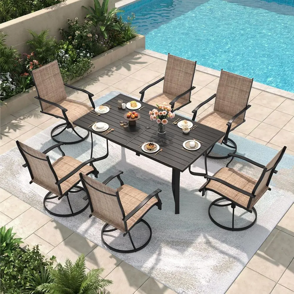 7-Piece Patio Table and Chairs Set, 63 Metal Table with Umbrella Hole, 6 High-Back Swivel Chairs, Brown
7-Piece Patio Table and Chairs Set, 63 Metal Table with Umbrella Hole, 6 High-Back Swivel Chairs, Brown