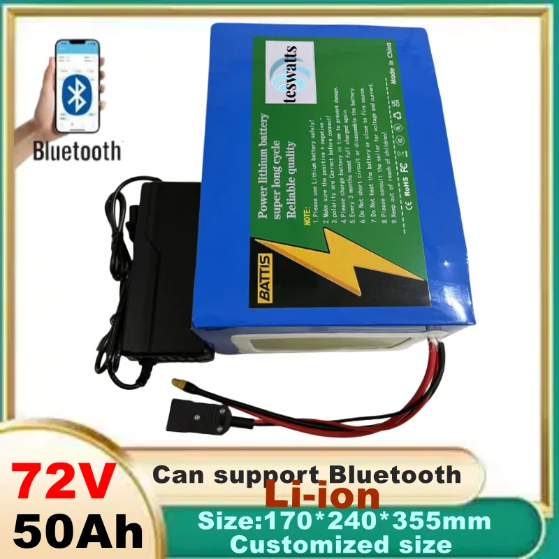 72V 50Ah Lithium-Ion Battery with Bluetooth APP BMS for 5000W-10KW Electric Bicycle Scooter Motorcycle Forklift Crane Truck +10A
72V 50Ah Lithium-Ion Battery with Bluetooth APP BMS for 5000W-10KW Electric Bicycle Scooter Motorcycle Forklift Crane Truck +10A