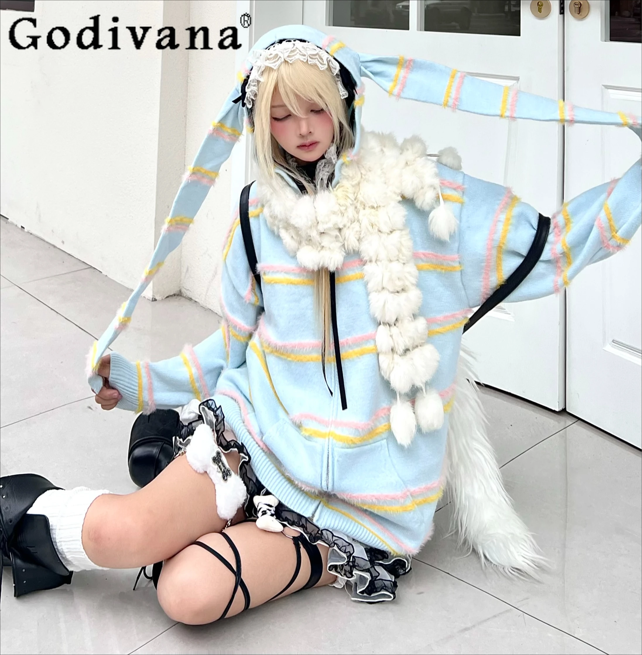 Autumn Fashion Rabbit Ear Hooded 2D Sweet Cute Kawaii Striped Zipper Knitted Cardigan Female Loose College Student Sweaters Tops
Autumn Fashion Rabbit Ear Hooded 2D Sweet Cute Kawaii Striped Zipper Knitted Cardigan Female Loose College Student Sweaters Tops
