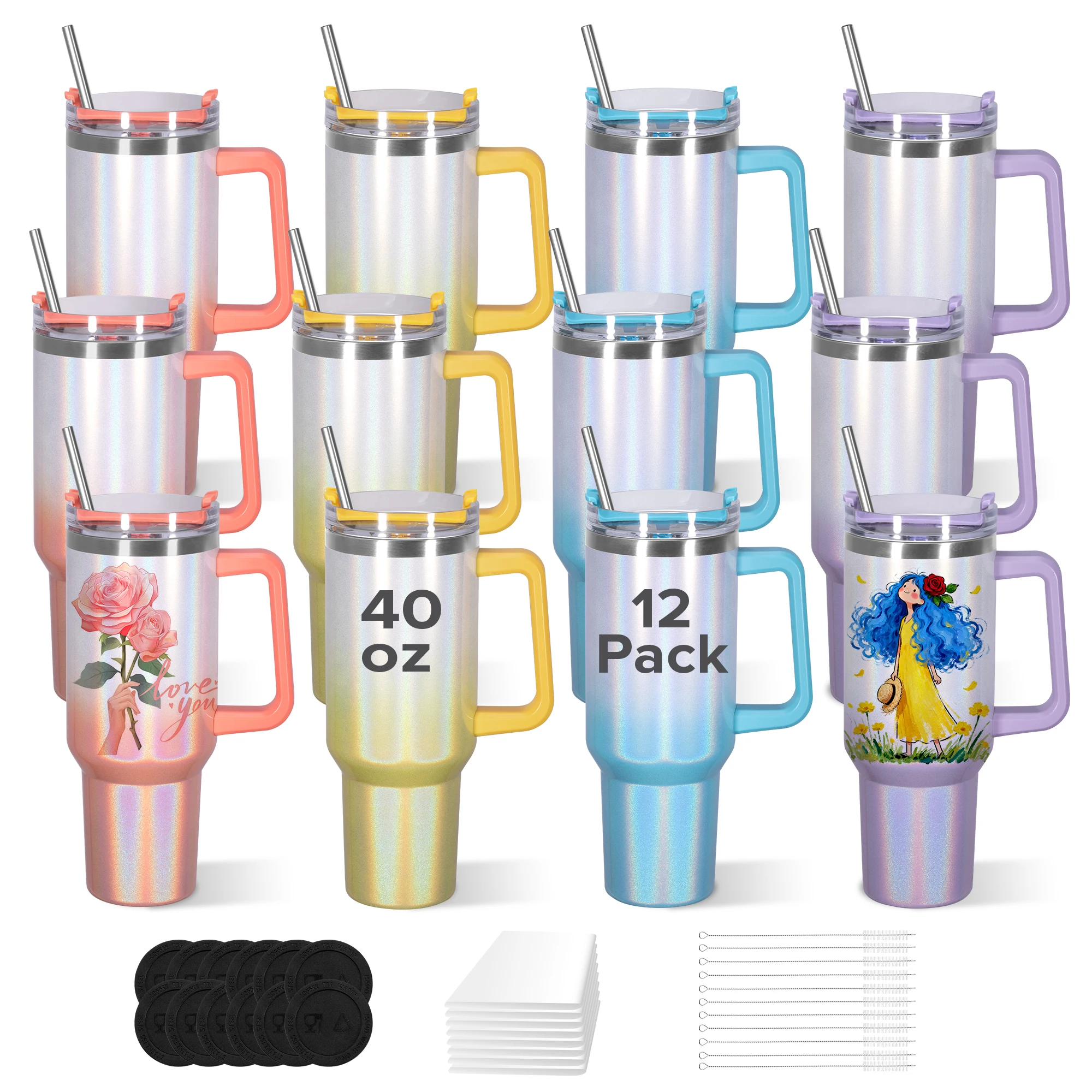 12Pack 40oz Sublimation Gradient Color Shimmer Tumblers,Featuring Detachable Handles, with Lids And Straws, Double-Layer Stainless Steel Vacuum Insulated Cups, Suitable for Heat Press Sublimation Oven Printing
12Pack 40oz Sublimation Gradient Color Shimmer Tumblers,Featuring Detachable Handles, with Lids And Straws, Double-Layer Stainless Steel Vacuum Insulated Cups, Suitable for Heat Press Sublimation Oven Printing
