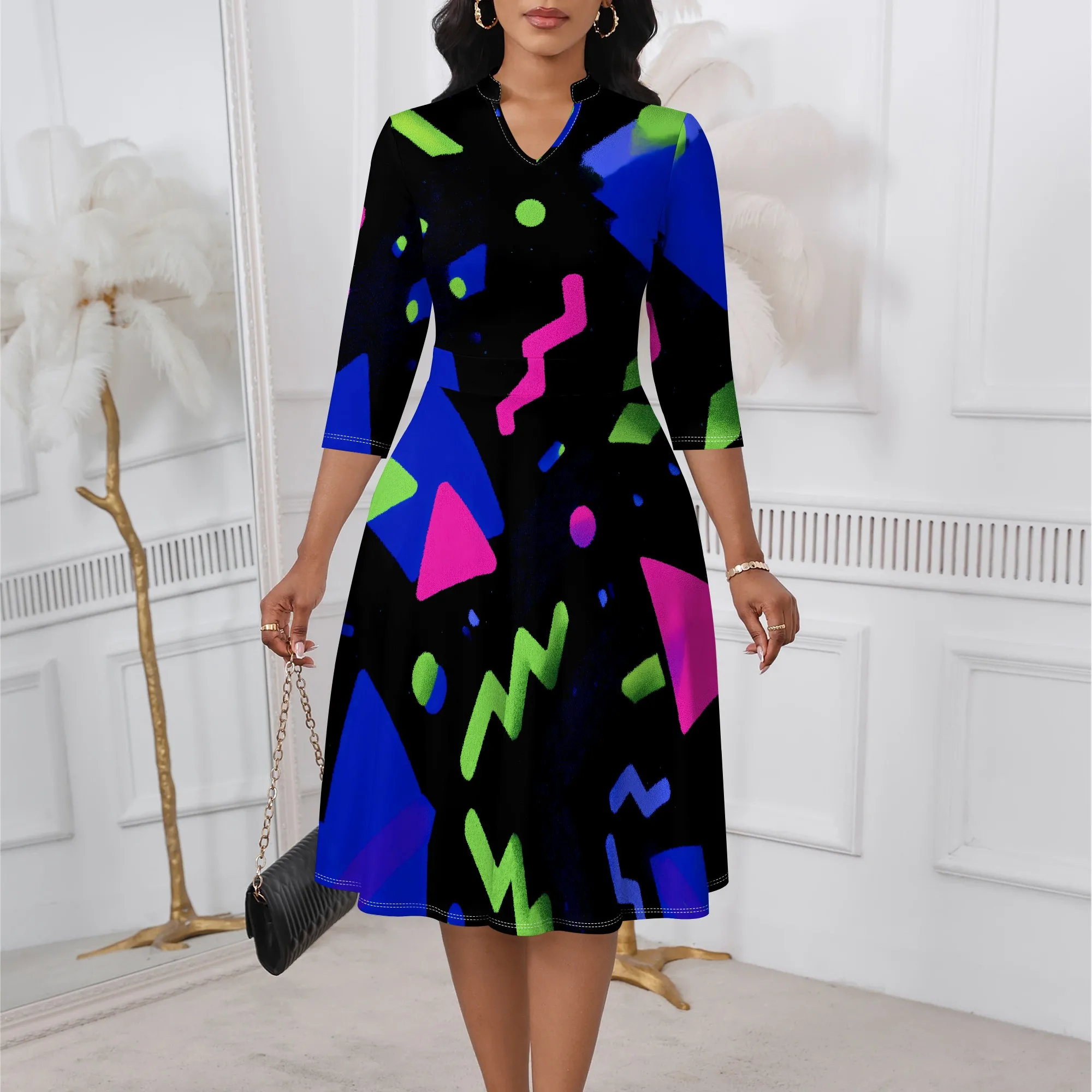 80s Neon Print Dress for Women XS-3XL V-Neck A-Line with 3/4 Sleeve for Retro Disco Party, Streetwear or Club Night Look
80s Neon Print Dress for Women XS-3XL V-Neck A-Line with 3/4 Sleeve for Retro Disco Party, Streetwear or Club Night Look
