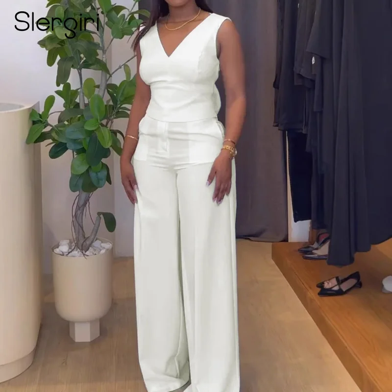 Slergiri Women's Elegant V-neck Backless Bow Top with Straight Wide Leg Pants Office Ladies Party Solid Color Two Pieces Set
Slergiri Women's Elegant V-neck Backless Bow Top with Straight Wide Leg Pants Office Ladies Party Solid Color Two Pieces Set
