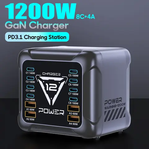 1200W USB C Charger, GaN PD3.1 140W 100W PPS Fast Charging Station Type-C Laptop Power Adapter for MacBook Samsung S25 iPhone 17