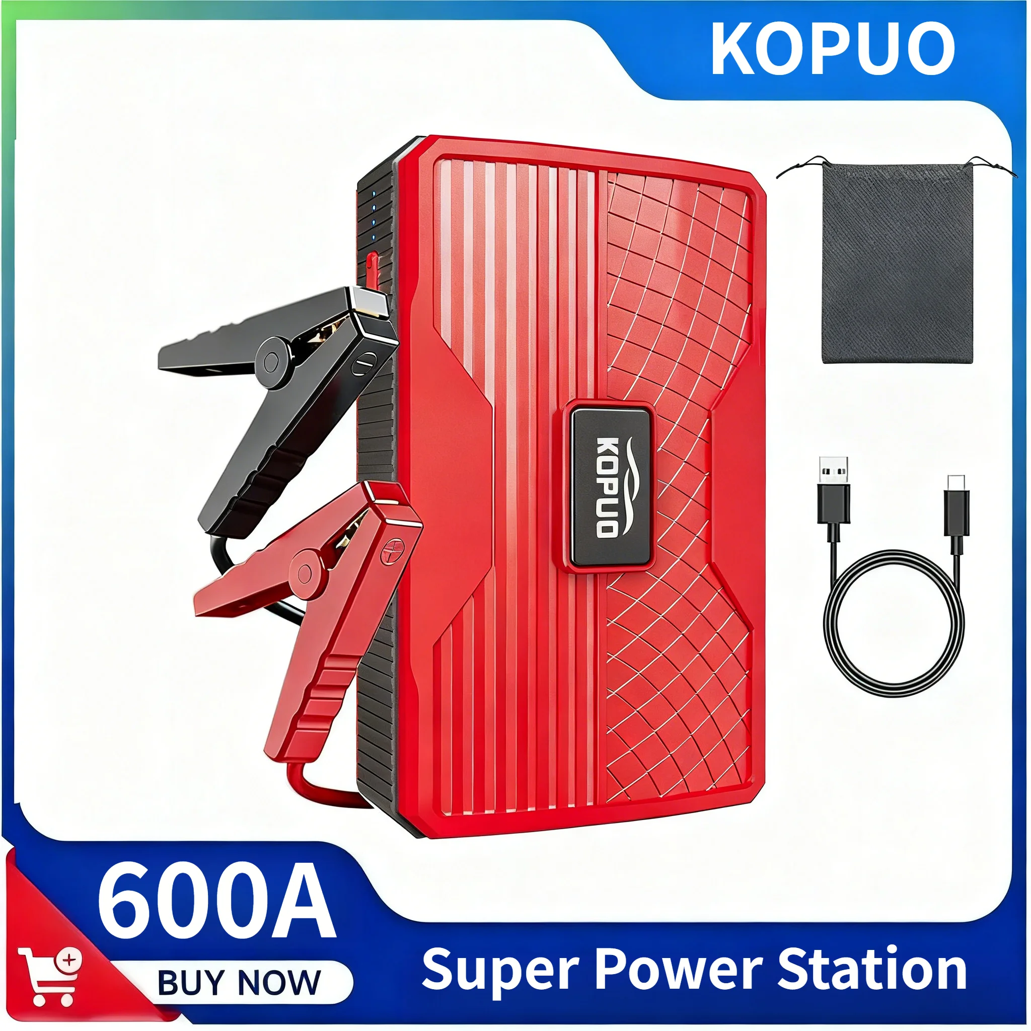 600A Peak Car Jump Starter, 12V Auto Battery Booster with Smart Safety Clamps for Cars, SUVs, Trucks and Motorcycles
600A Peak Car Jump Starter, 12V Auto Battery Booster with Smart Safety Clamps for Cars, SUVs, Trucks and Motorcycles
