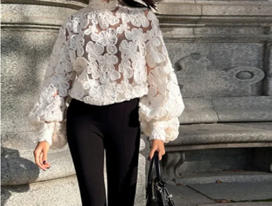 French White Loose Hollow Flower Embroidered Top for Women In Spring, Semi High Neck, See Through Sexy Long Sleeved Lace Top
French White Loose Hollow Flower Embroidered Top for Women In Spring, Semi High Neck, See Through Sexy Long Sleeved Lace Top