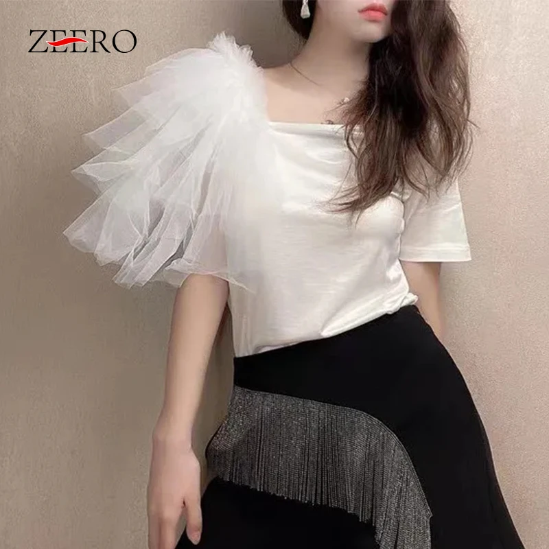 Summer Korean Flying Sleeve Ruffles Patchwork Mesh Tshirts Female White Solid T-shirt Women Black Cropped Tops Tees
Summer Korean Flying Sleeve Ruffles Patchwork Mesh Tshirts Female White Solid T-shirt Women Black Cropped Tops Tees