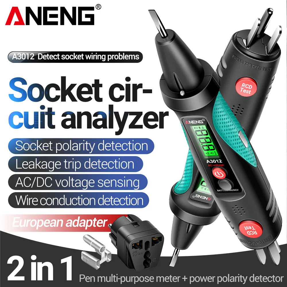 Socket Circuit Analyzer Mini Pencil Multimeter AC/DC Voltage NCV Leakage Breakpoint Polarity Phase Check ANENG A3012 US/EU Plug
Socket Circuit Analyzer Mini Pencil Multimeter AC/DC Voltage NCV Leakage Breakpoint Polarity Phase Check ANENG A3012 US/EU Plug