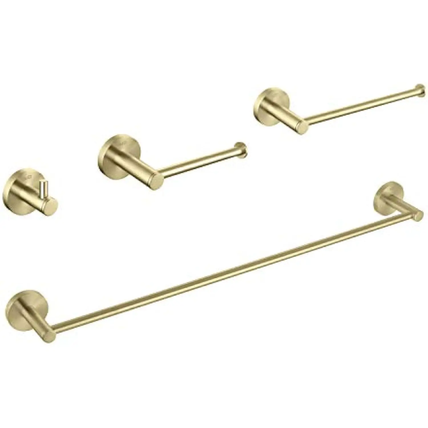 Circular 4-Piece Bathroom Hardware Set in Brushed Gold | Includes Towel Bar, Towel Ring, Toilet Paper Holder, and Robe Hook |
Circular 4-Piece Bathroom Hardware Set in Brushed Gold | Includes Towel Bar, Towel Ring, Toilet Paper Holder, and Robe Hook |