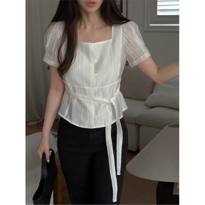 Korean Style Summer 2026 New Fashion Shirt Square Collar Pleated Semi-Transparent Waist-Cinching Bubble Sleeve Versatile Top
Korean Style Summer 2026 New Fashion Shirt Square Collar Pleated Semi-Transparent Waist-Cinching Bubble Sleeve Versatile Top