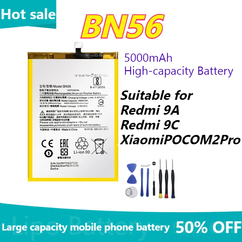 5000mAh BN56 Suitable for Redmi 9A, Redmi 9C,for Xiaomi POCO M2 Pro High-capacity Battery Fast Delivery+Tool
5000mAh BN56 Suitable for Redmi 9A, Redmi 9C,for Xiaomi POCO M2 Pro High-capacity Battery Fast Delivery+Tool