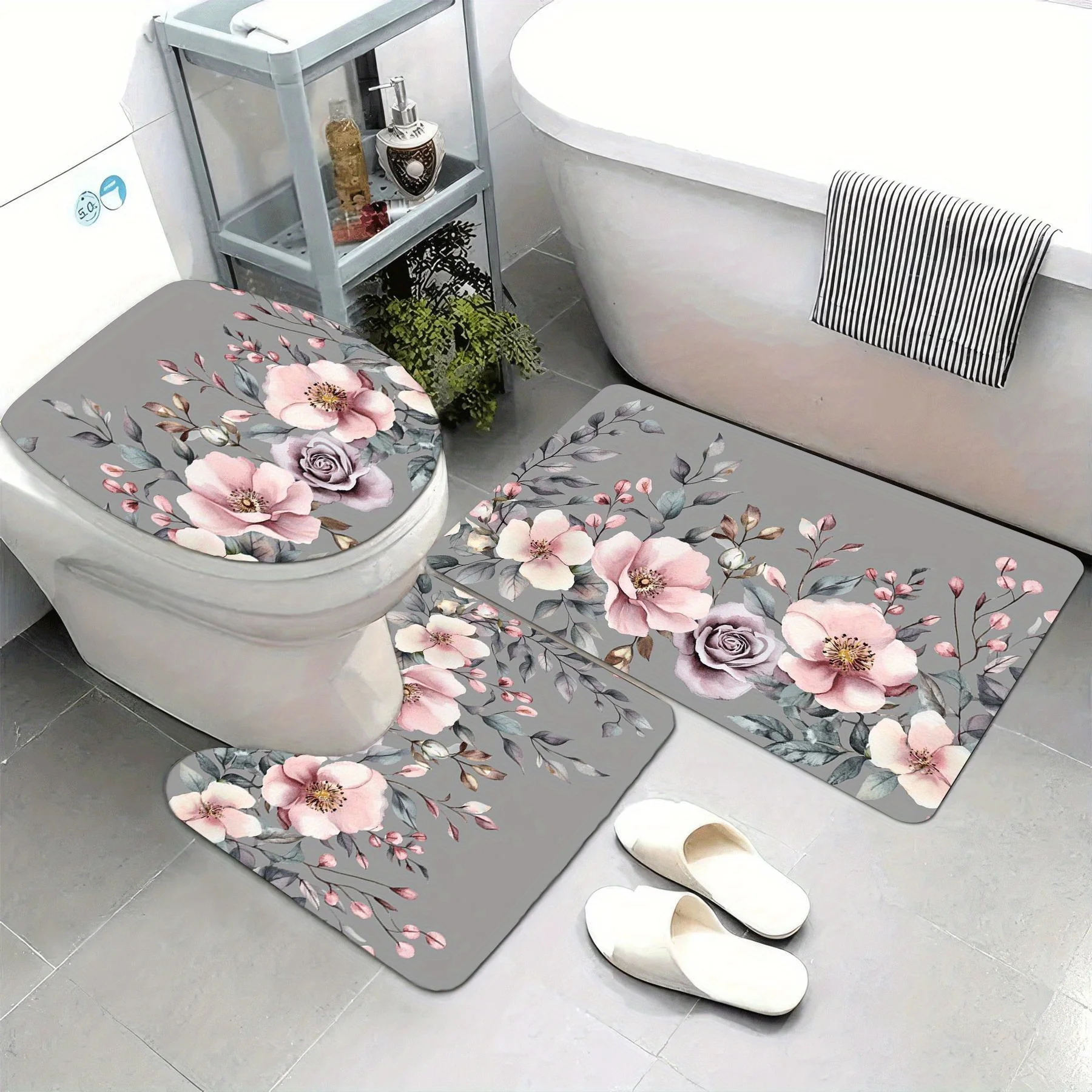 3pc Grayish pink floral pattern bathroom set, U-shaped mat, non-slip mat, toilet seat cover, suitable for bathroom decoration.
3pc Grayish pink floral pattern bathroom set, U-shaped mat, non-slip mat, toilet seat cover, suitable for bathroom decoration.